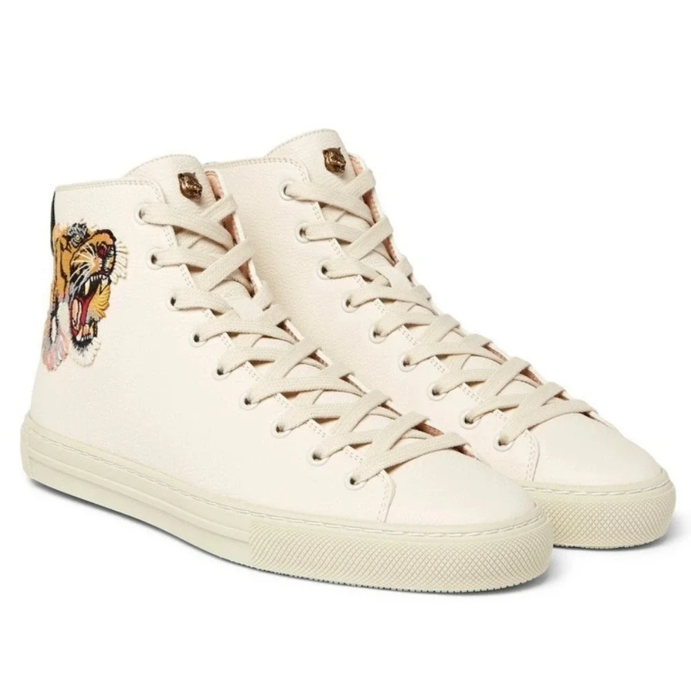 Gucci Leather Tiger Embroidered Lace Up High Top Sneakers Cream Size 9.5